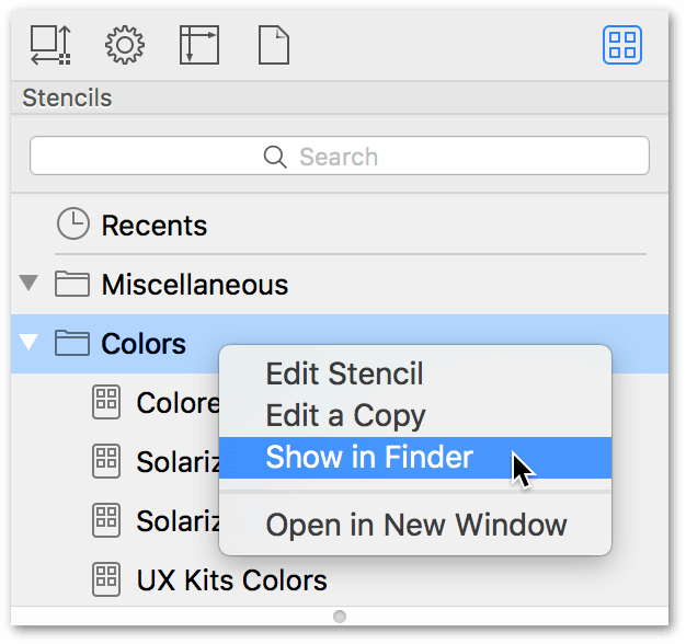 The Stencil Browser is shown with the Colors stencil folder selected. A contextual menu is shown on top with Show in Finder highlighted.