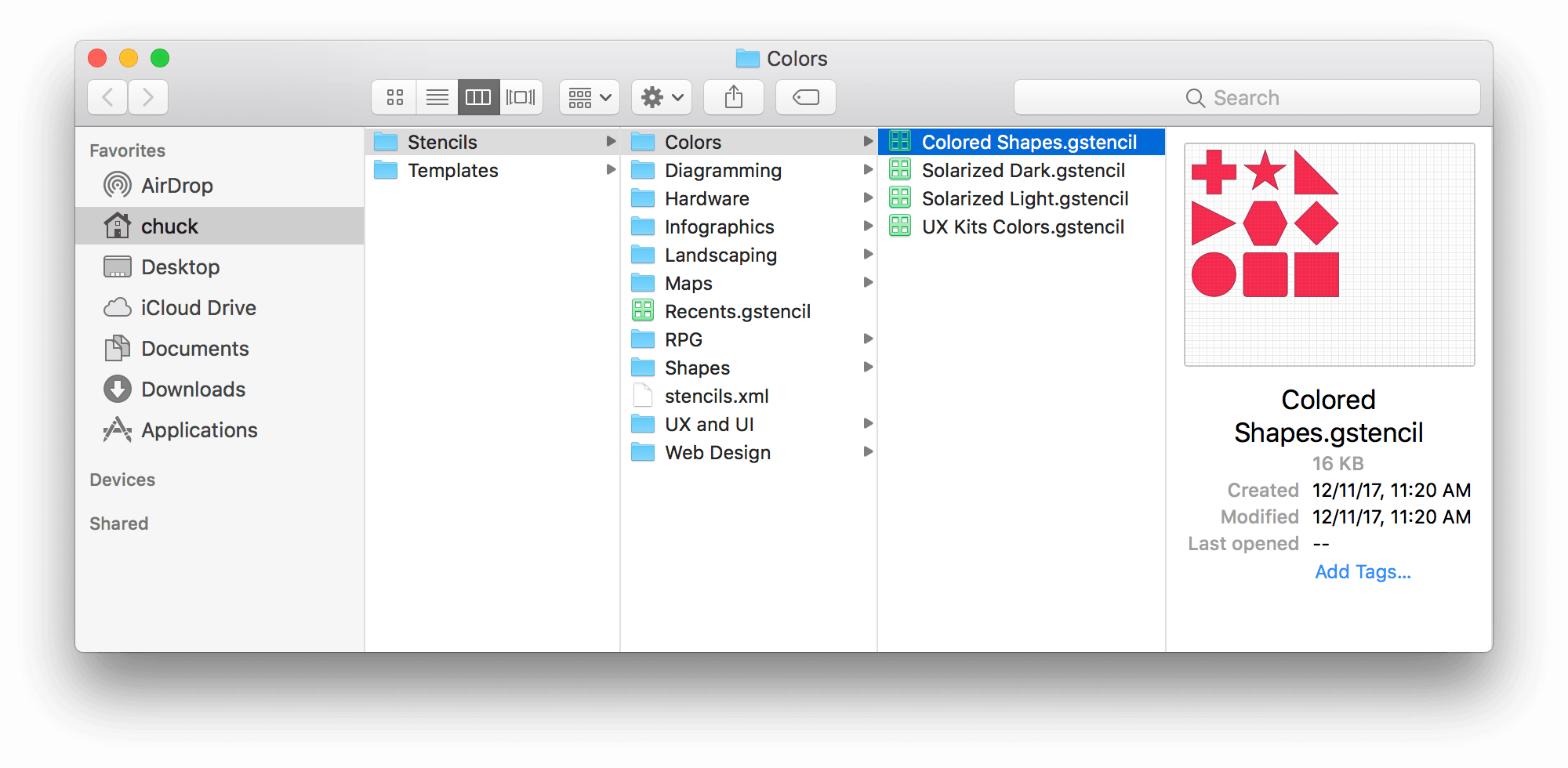 A Finder window, open to the Colors folder, within the Stencils folder.