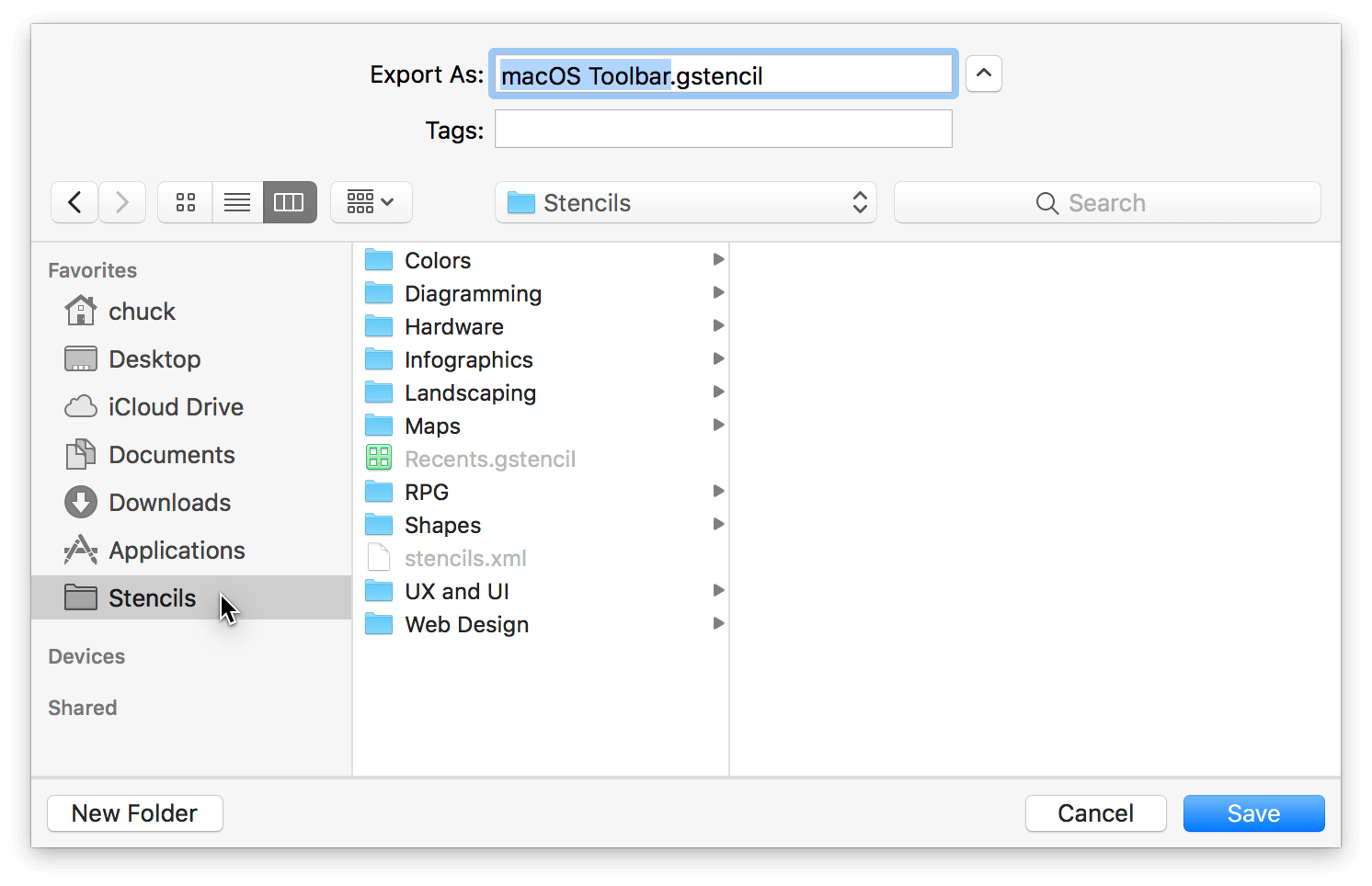 An Export sheet shows the Stencils folder in the Favorites list in the left sidebar.