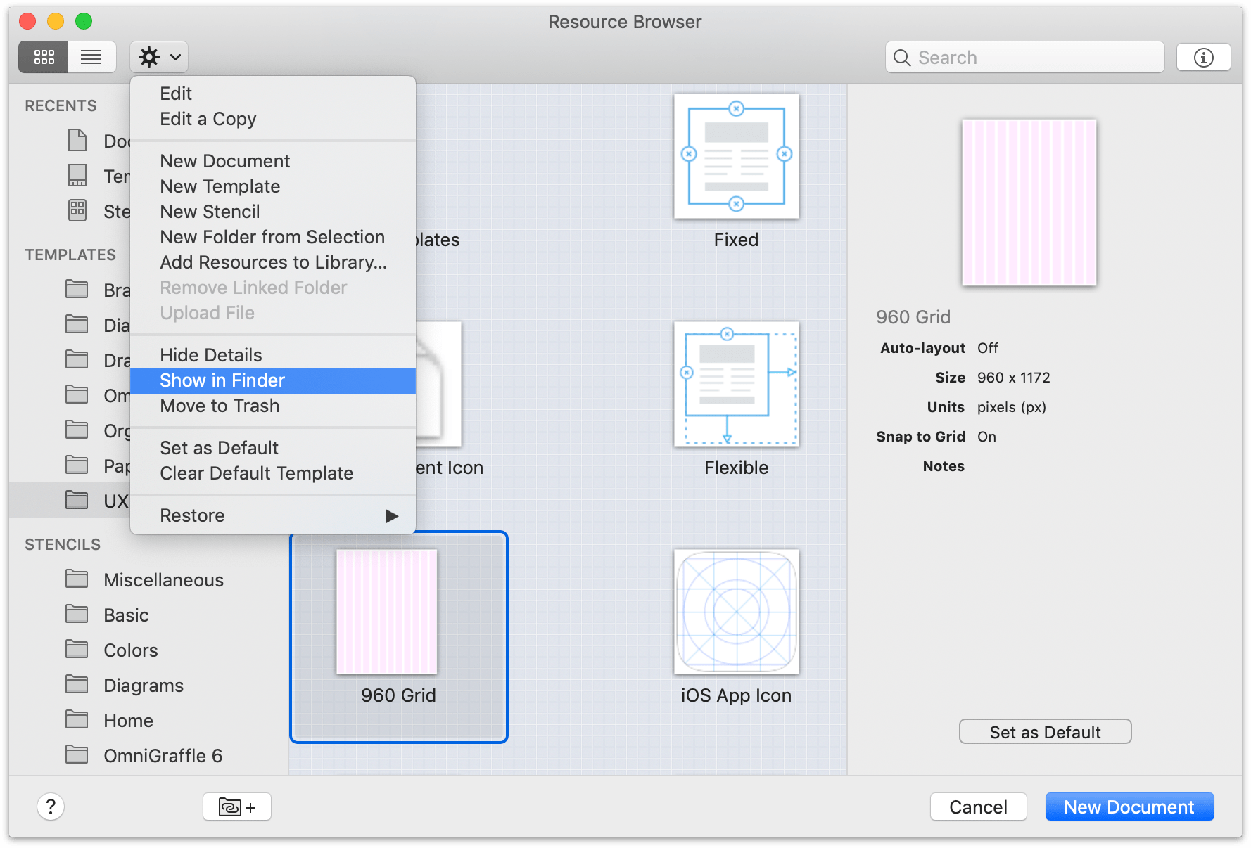 Choose Show in Finder from the gear menu of any template