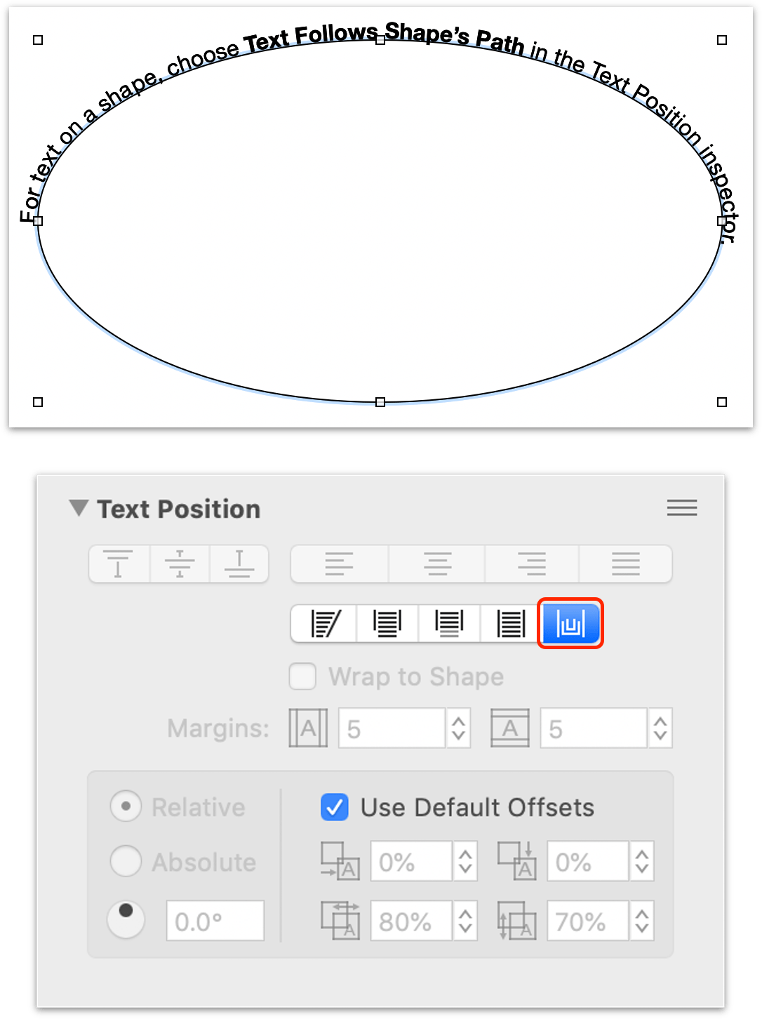 Using the Text Position inspector to add text as the border of a shape.