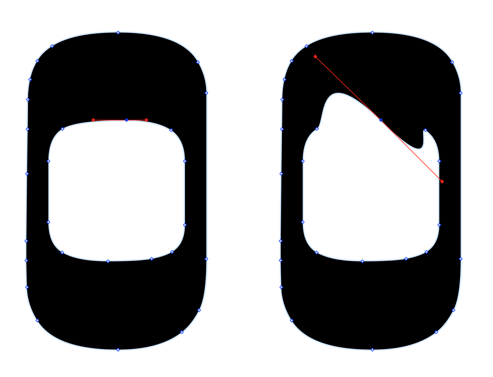 This shows two Oh characters side by side. The Oh on the left has a vector point selected along the top-inside of the shape. The Oh on the right shows that same Oh character after changing the positions of the Bezier curve&#8217;s control handles.