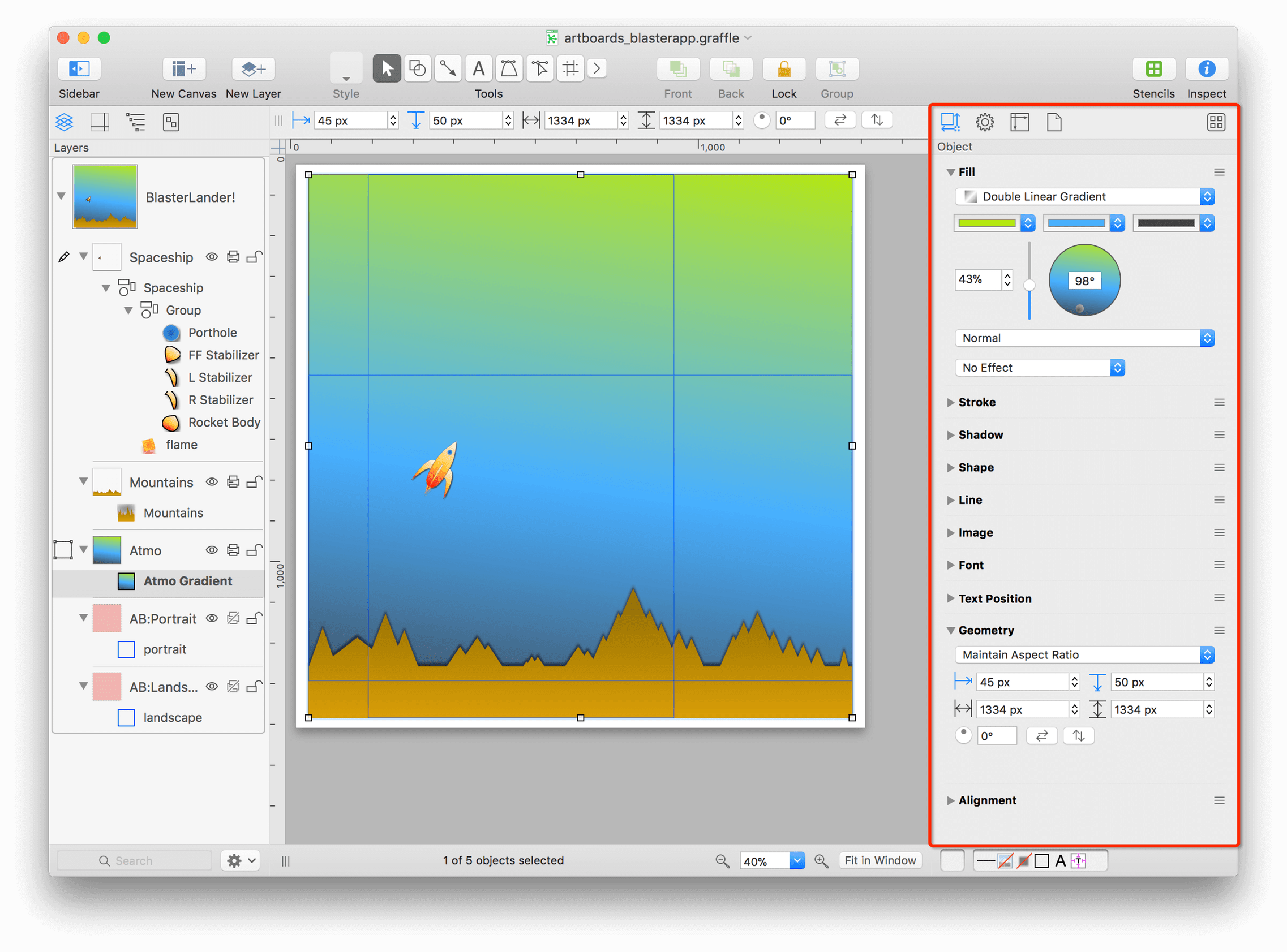 The inspectors are actually contained by the Sidebar workspace, which docks the inspectors in OmniGraffle's window, to the right of the canvas.