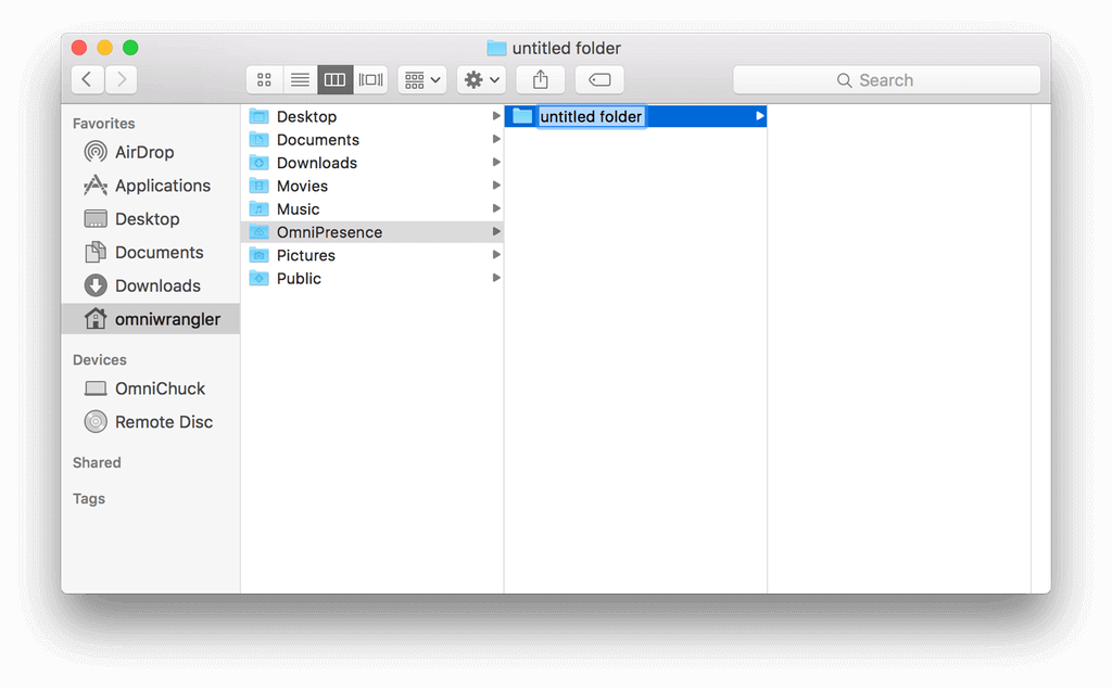 Adding a subfolder to the OmniPresence folder in the Finder