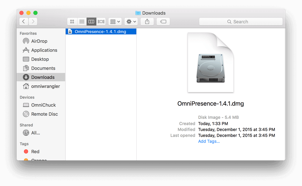 A Finder window, open to the Downloads folder to show the downloaded OmniPresence disk image