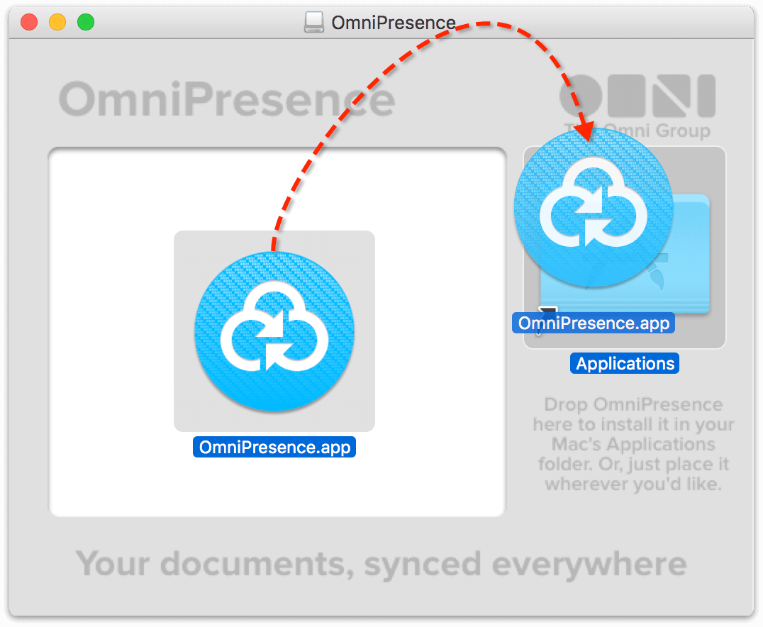 Drag the OmniPresence.app icon over to the Applications folder to install it on your Mac