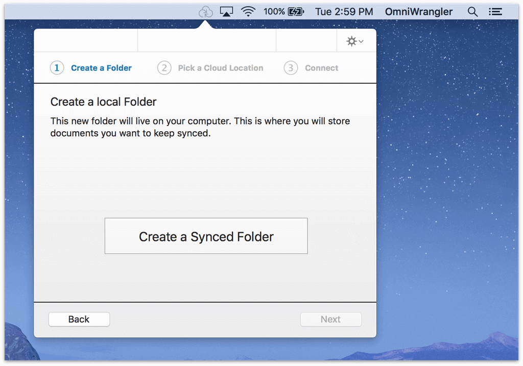 Click the Create a Synced Folder button to specify a place on your Mac to sync files to