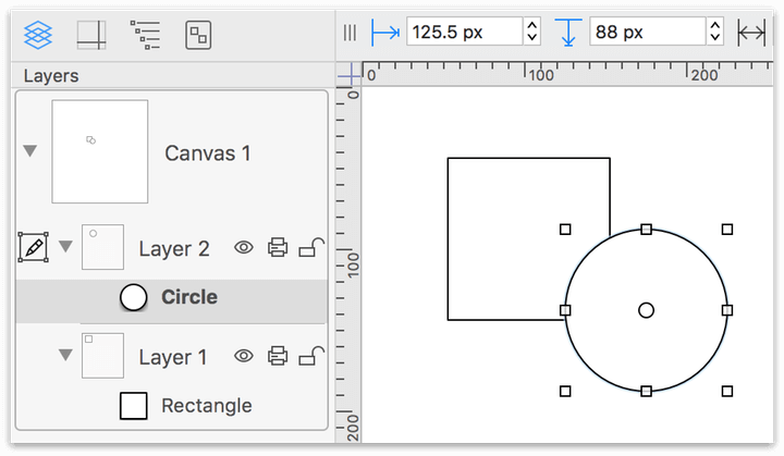 The canvas with a square and circle