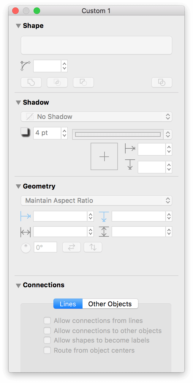 The floating inspector window, containing the Shape, Shadow, Geometry, and Connections inspectors