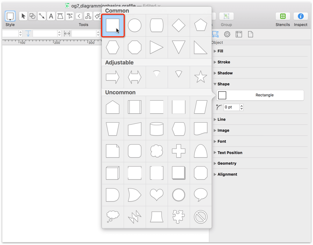 Using the Shape inspector to choose a basic shape to use for the diagram; in this case, the rectangle shape