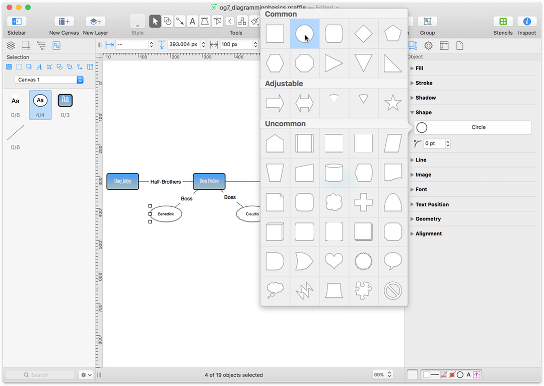 Use the Shape inspector change the Rectangles to Circles