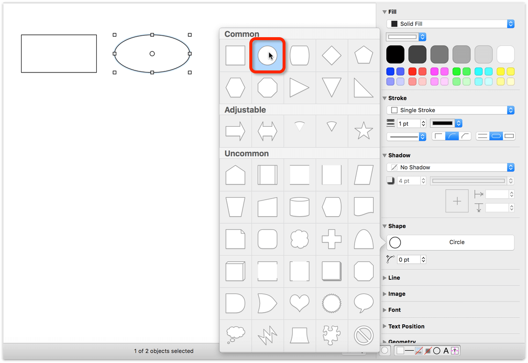 Changing a shape using the Shape inspector