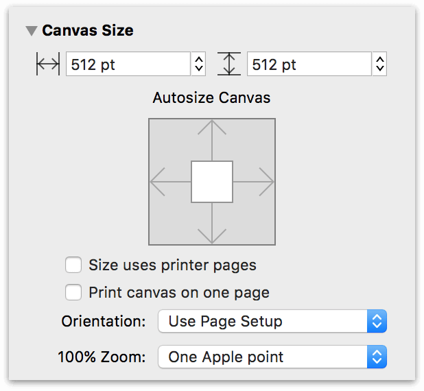 The Canvas Size inspector with the Canvas Width and Canvas Height fields set to five-hundred-and-twelve pixels each, and no arrows are selected in the Autosize Canvas widget.