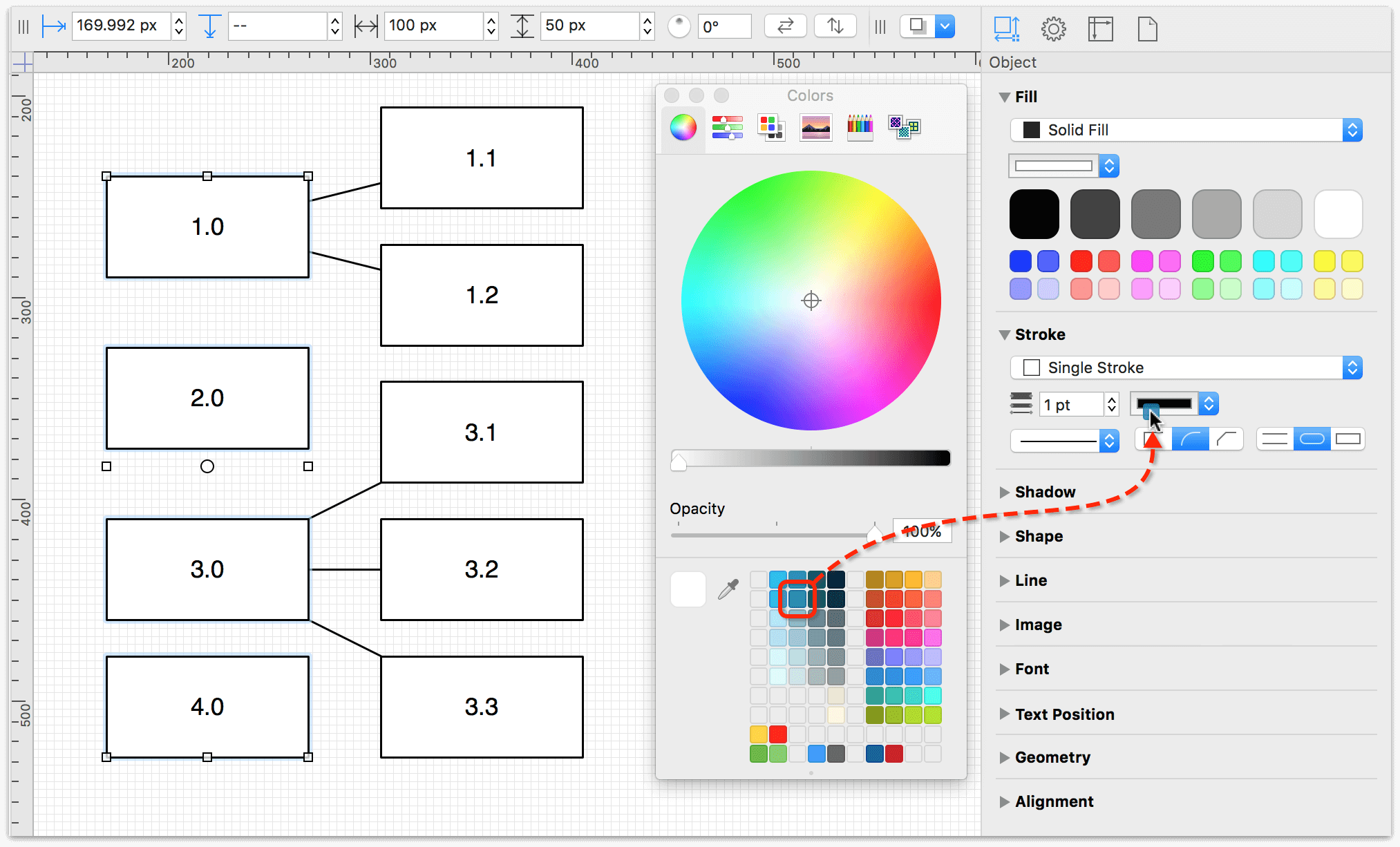 Dragging colors from the color well to a color object
