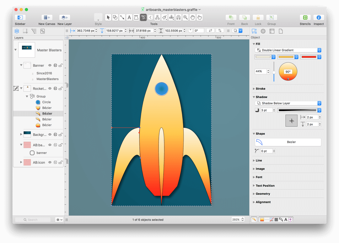 An OmniGraffle window with an illustration of a spaceship on the canvas