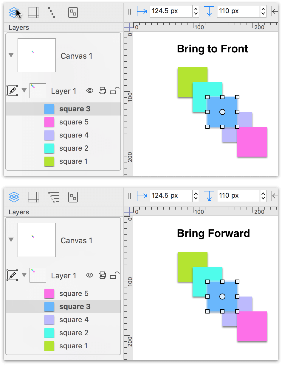 Two screenshots showing the effect of Bring to Front and Bring Forward