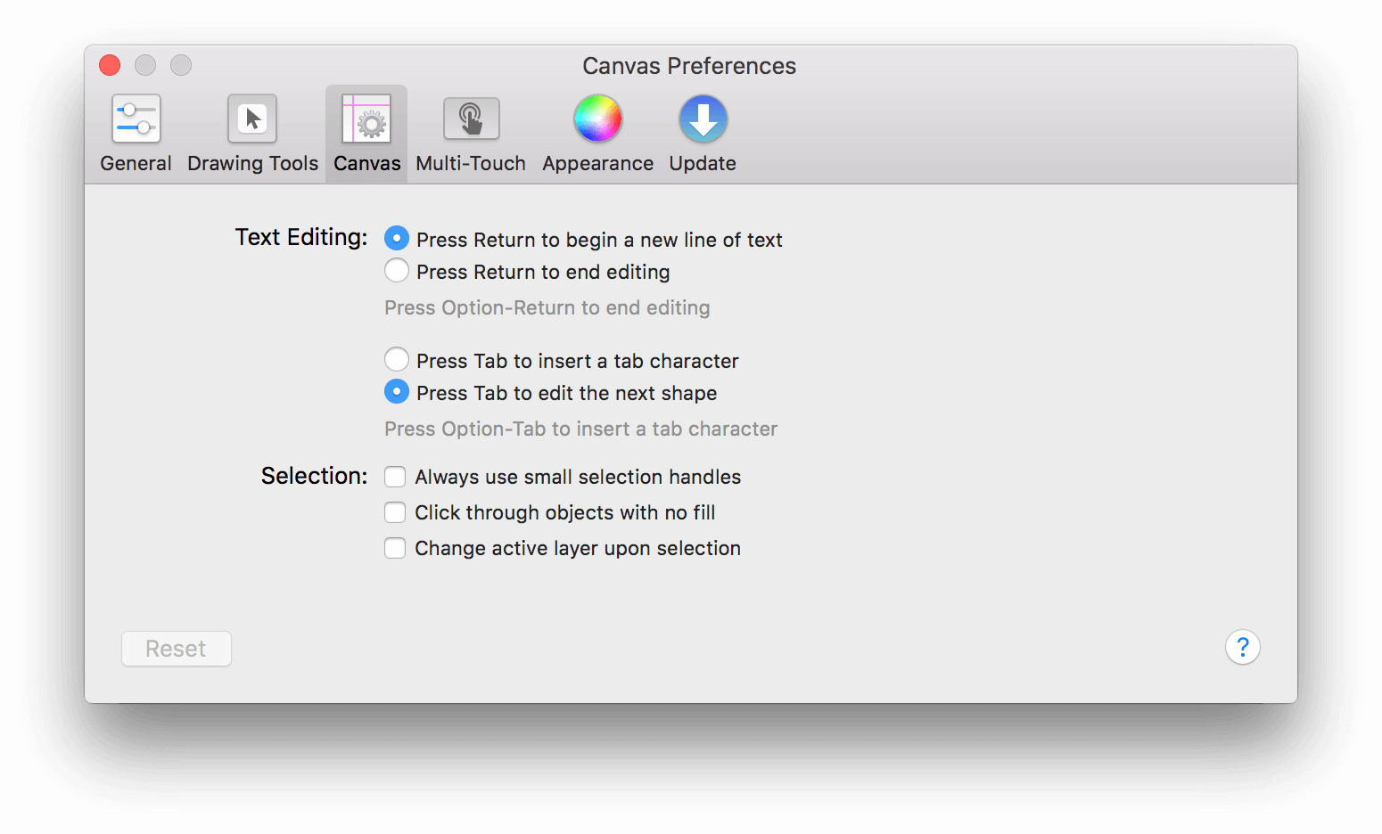 The Canvas Preferences panel