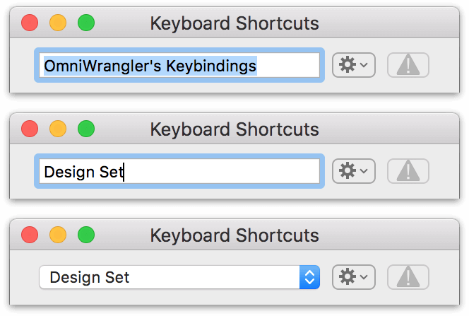 The top images shows that the name of the keyboard set in the drop-down menu is selected and editable. The bottom image shows a new set name entered in the field, prior to pressing Return.