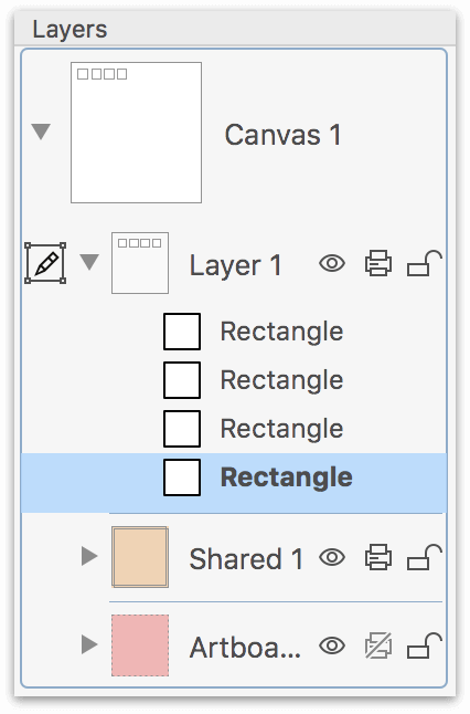The Layers tab, showing a Canvas with three layers; Layer 1 has four rectangle shapes on it.