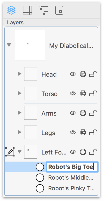 Renaming the objects on layers