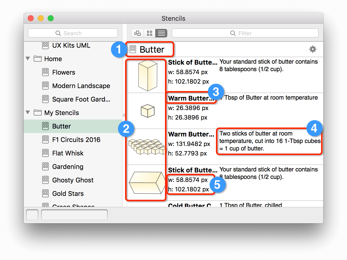 The stencil menu with callouts showing where all of a stencil’s information comes from in OmniGraffle’s user interface