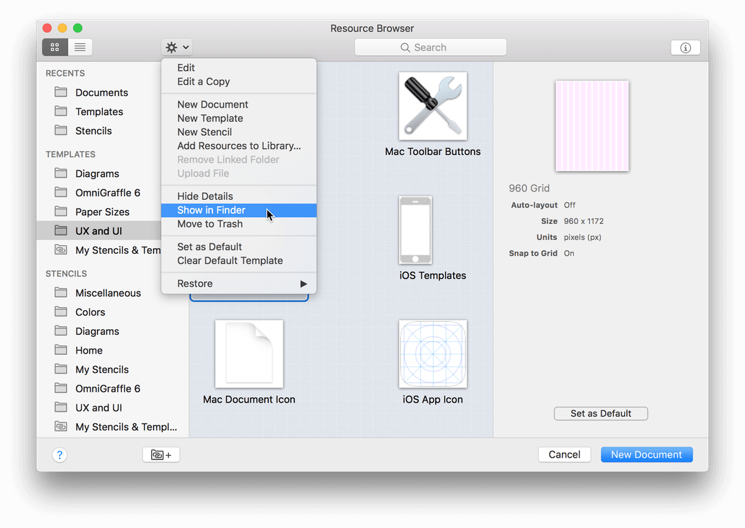 Choose Show in Finder from the gear menu of any template