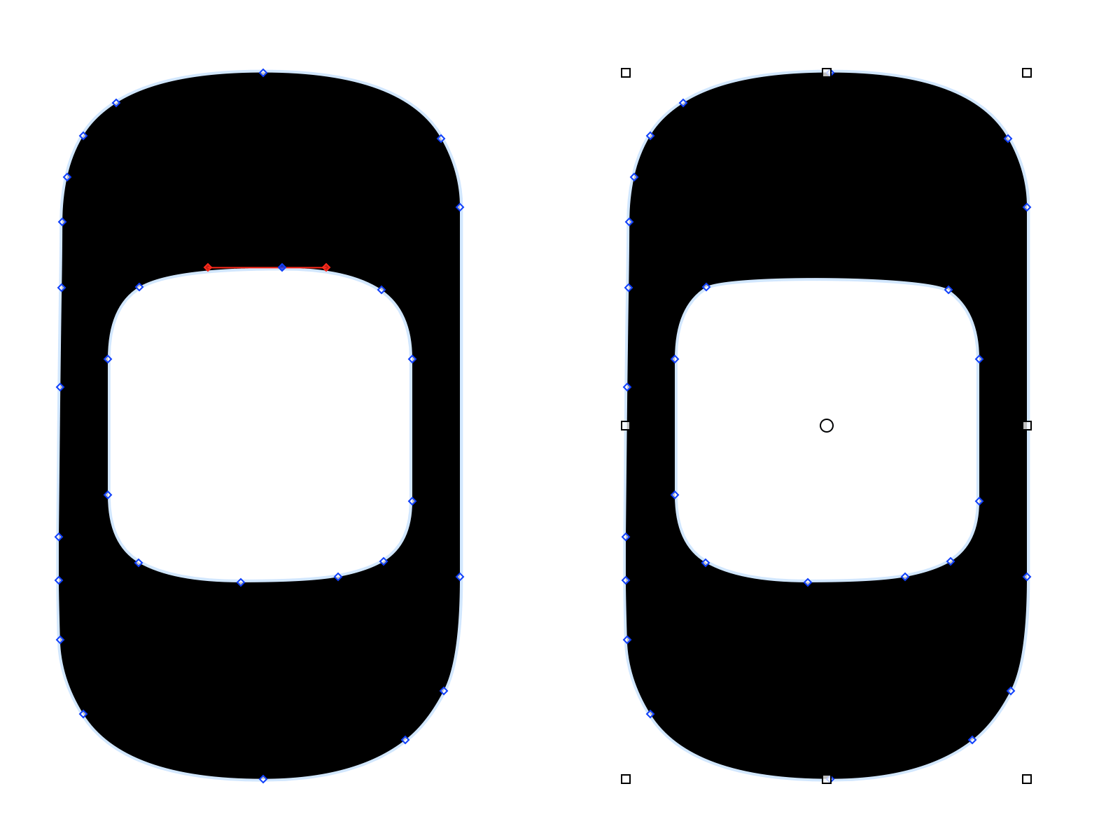 This shows two Oh characters side by side. The Oh on the left has a vector point selected along the top-inside of the shape. The Oh on the right shows that same Oh character after the selected vector point has been deleted.