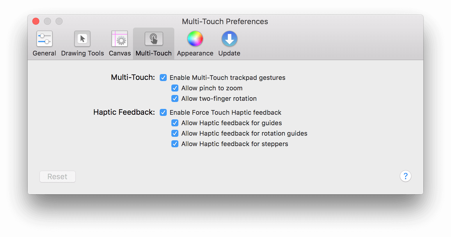 The Multi-Touch Preferences panel