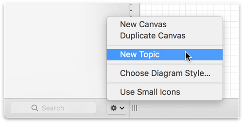 The Action menu, displaying the New Topic option for starting a new outline in OmniGraffle.