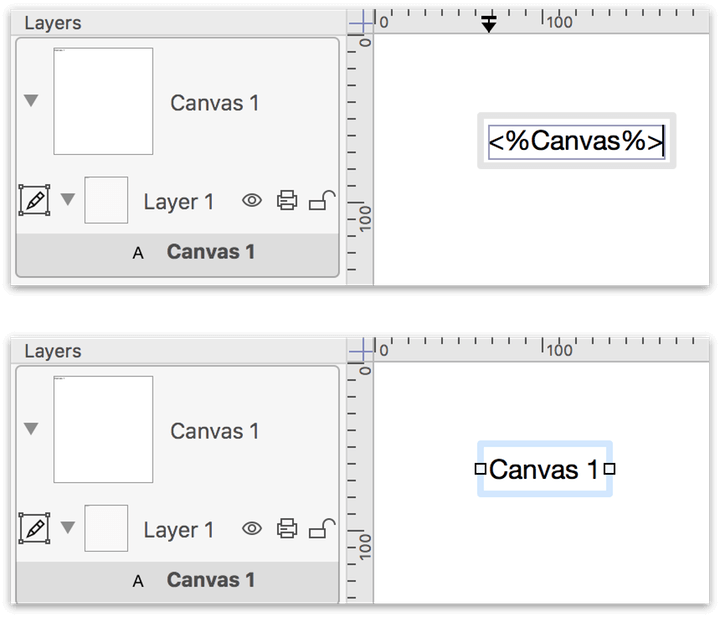 Top: Entering the Canvas variable; Bottom: The Canvas variable displays the name of the current canvas.