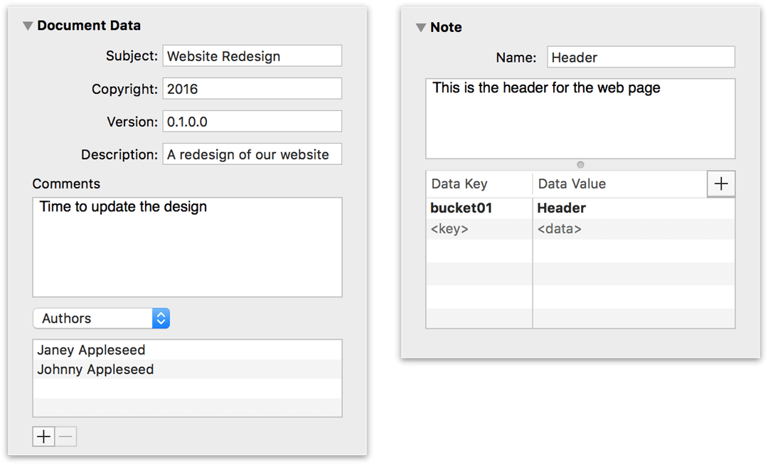 The Document Data and Note inspectors, side by side; each showing content in the input fields