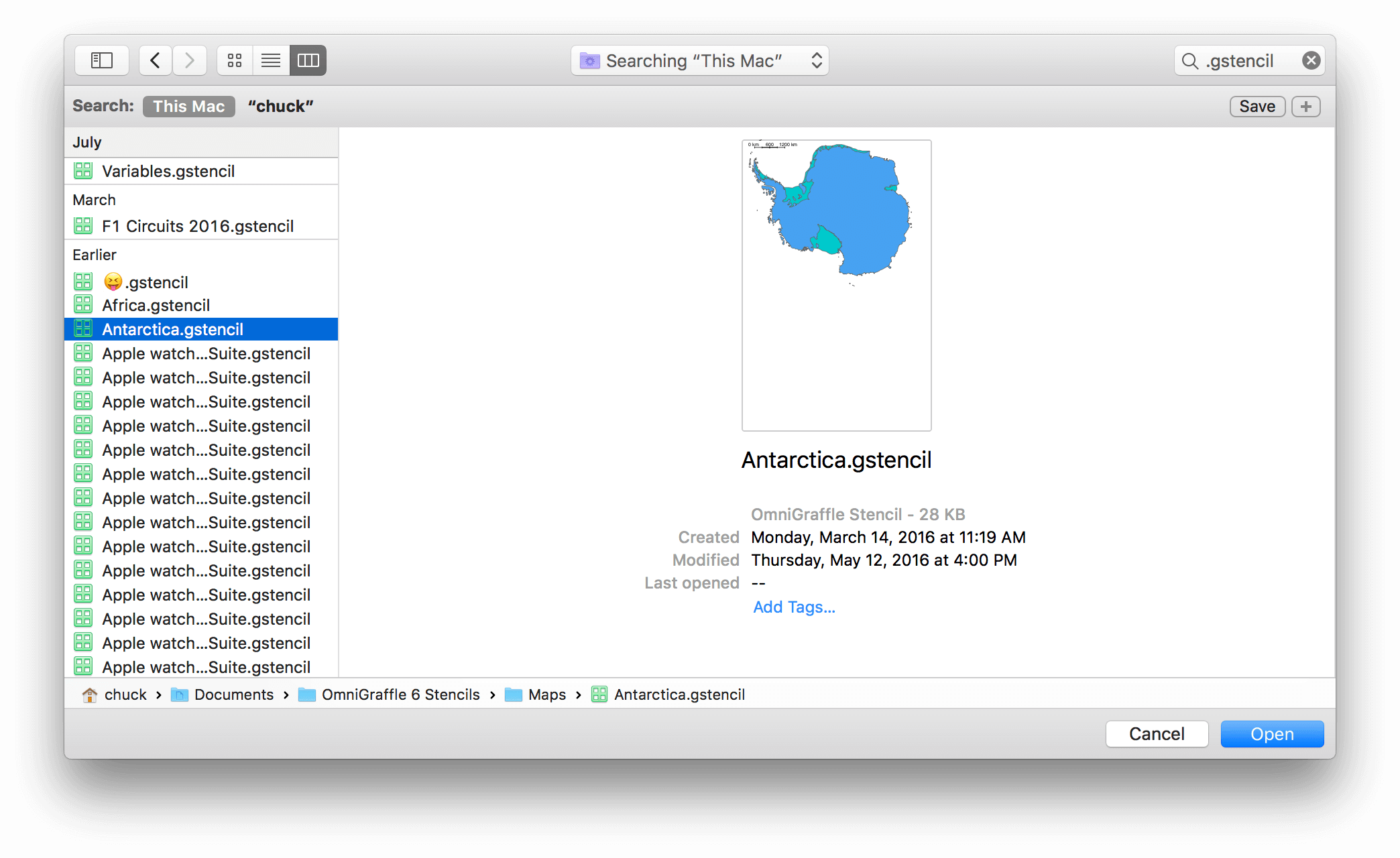 Locating OmniGraffle Stencil and Template files by using the Search field to look for the file extensions.