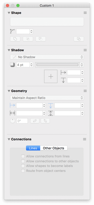 The floating inspector window, containing the Shape, Shadow, Geometry, and Connections inspectors