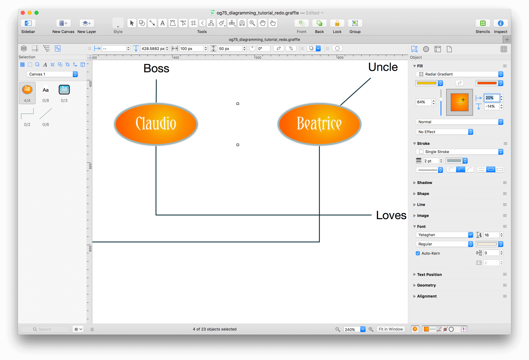 Hint: Use the Fill and Stroke object inspectors, and use the Font inspector