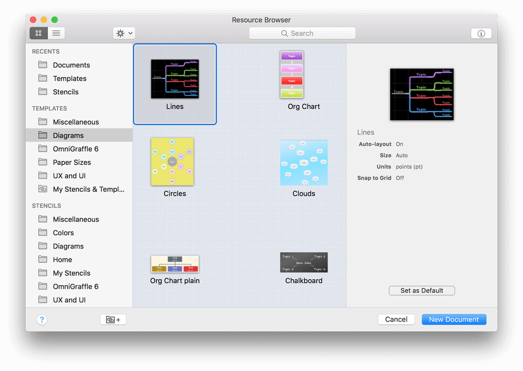 The Resource Browser, with the Lines template selected