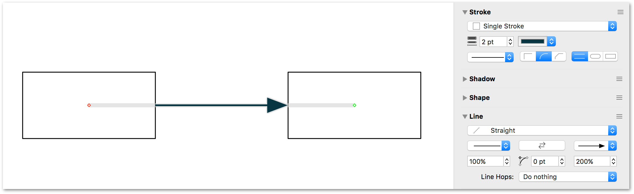 Use the percentage fields in the Line inspector to increase or decrease the size of the tail or head arrow