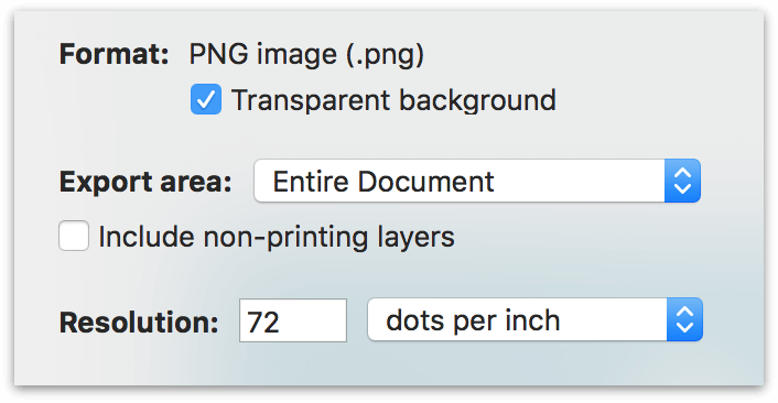 The Export Definition area when exporting to PNG