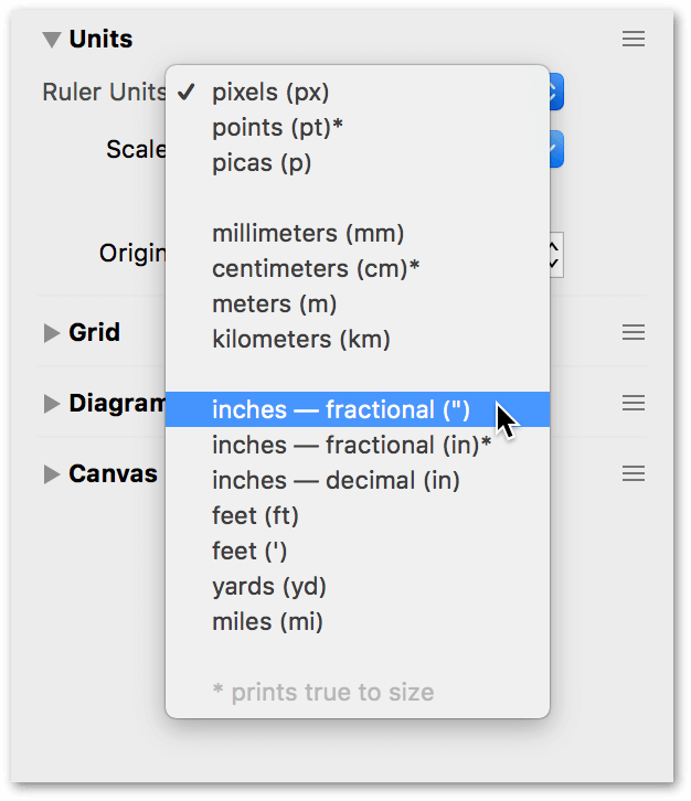 The Units inspector, with the Ruler Units pop-up menu open