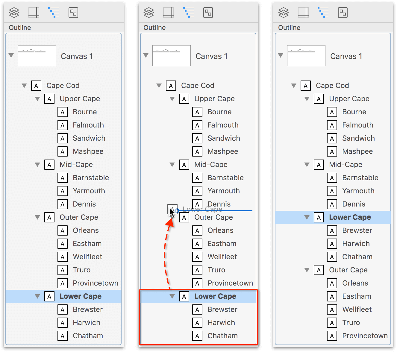 This image contains three different tabs of the Sidebar, with a hierarchical outline of the towns on Cape Cod, Massachusetts. In the one on the left, Lower Cape and its three towns are at the bottom of the outline, but it needs to come before the Outer Cape section. The middle image shows the Lower Cape section being dragged up above the Outer Cape. The right image shows the regions of Cape Cod in their proper locations.
