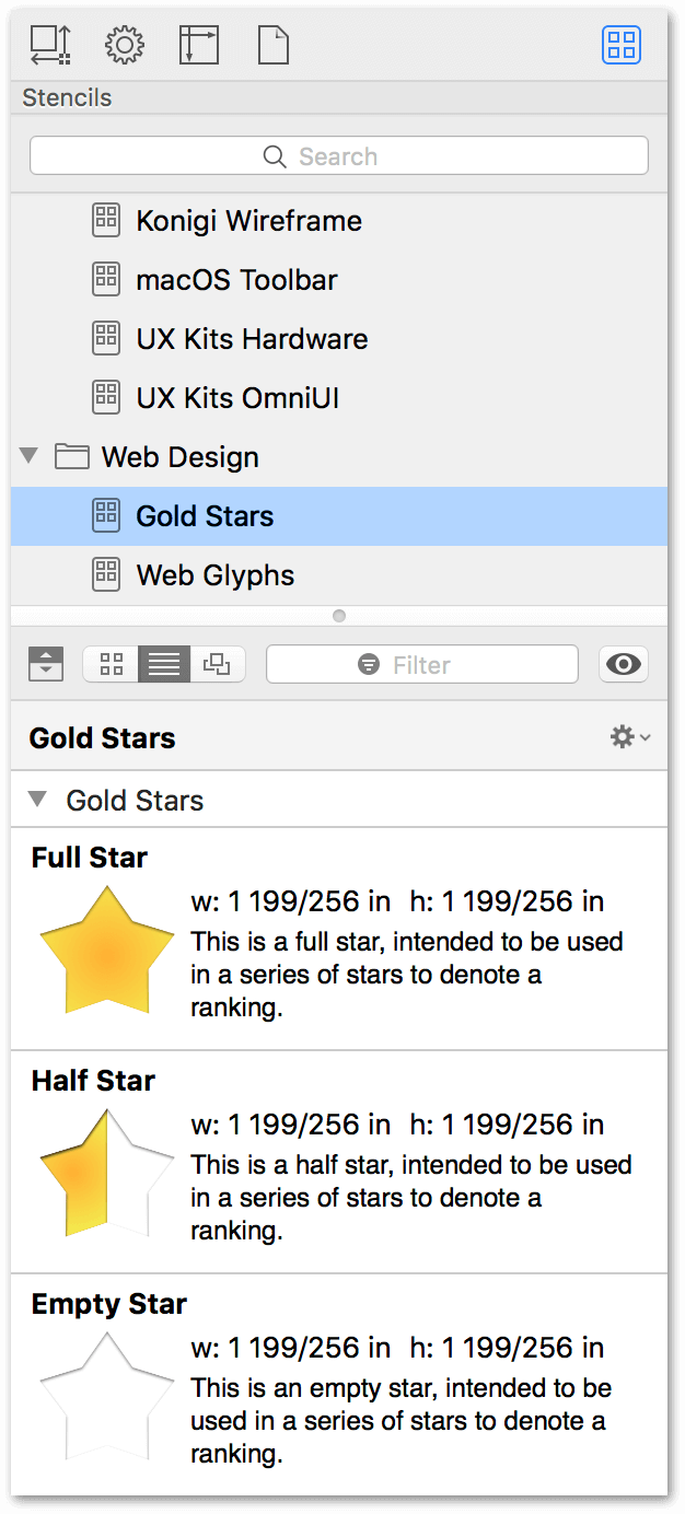 The Stencil Browser, showing different-sized stencils organized by type