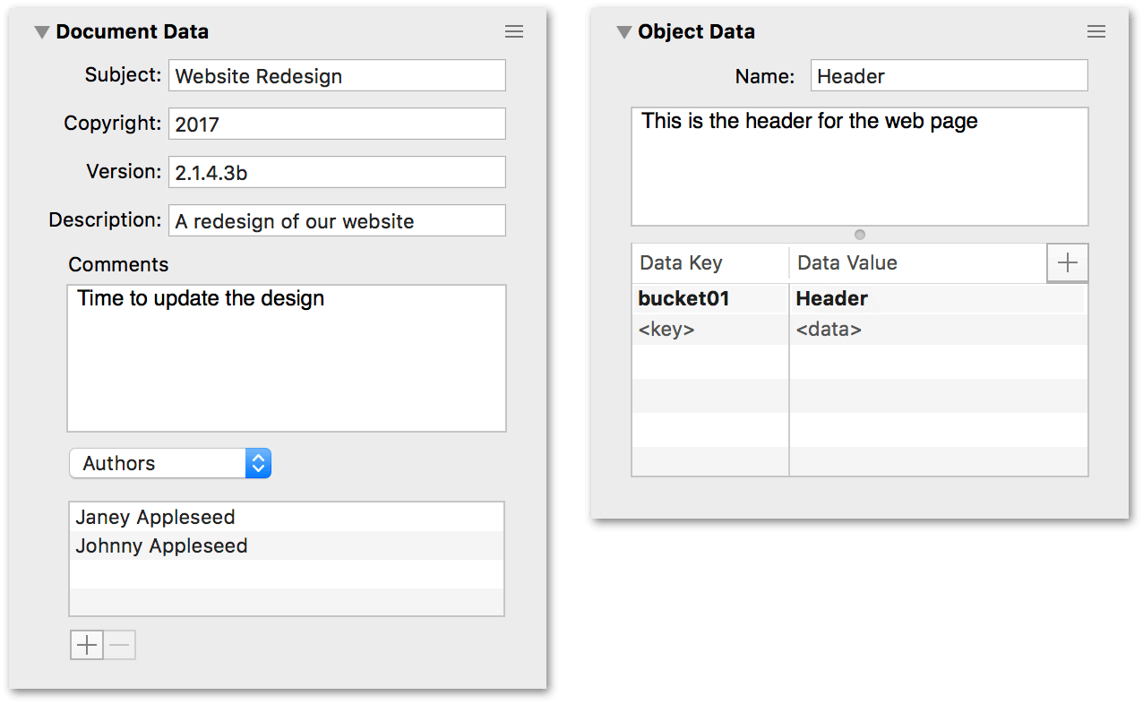 The Document Data and Object Data inspectors, side by side; each showing content in the input fields