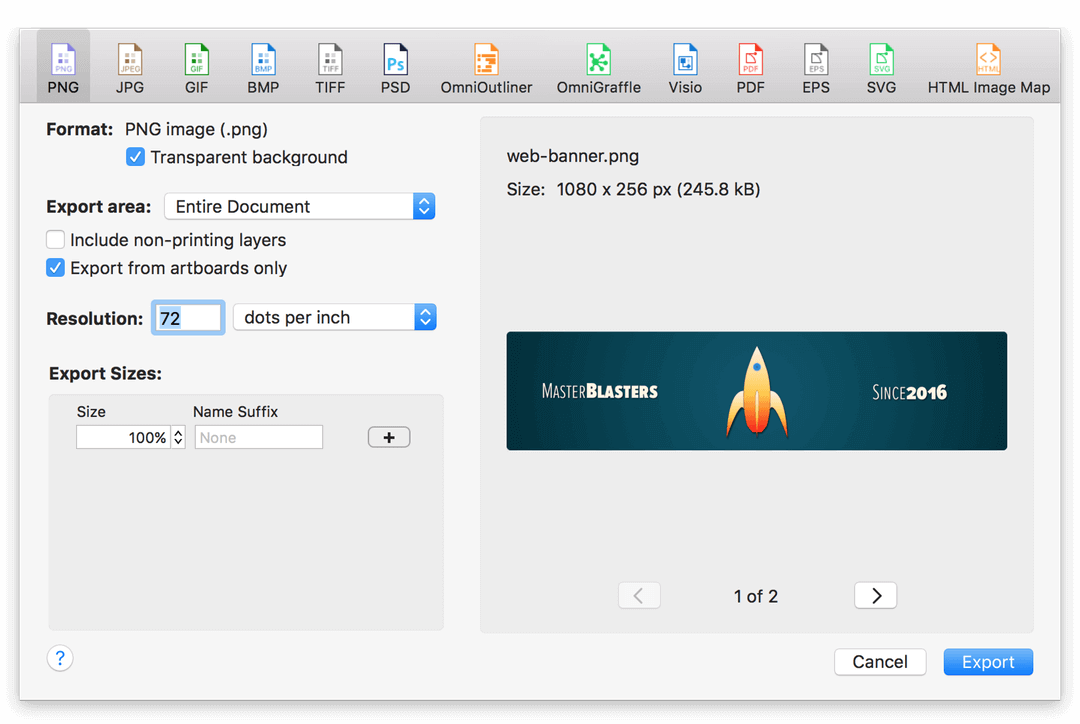 The new export panel in OmniGraffle.