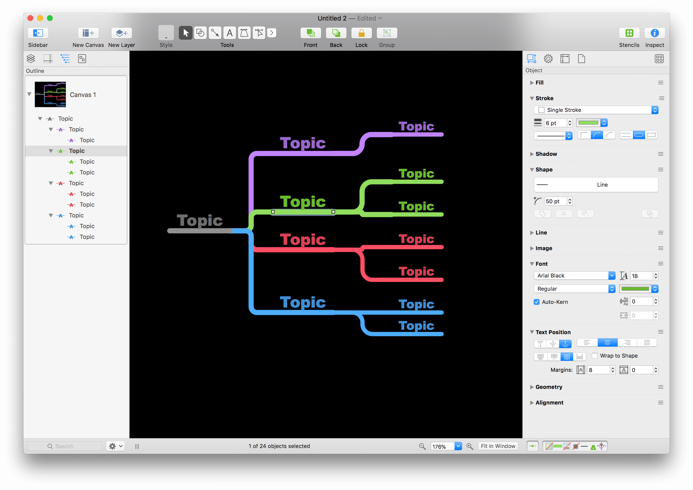 An Untitled OmniGraffle project window after choosing the Lines template and clicking the New Document button