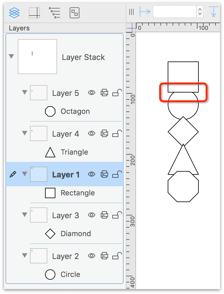 After moving Layer 1 up in the stack, the bottom of the square overlaps the top of the circle