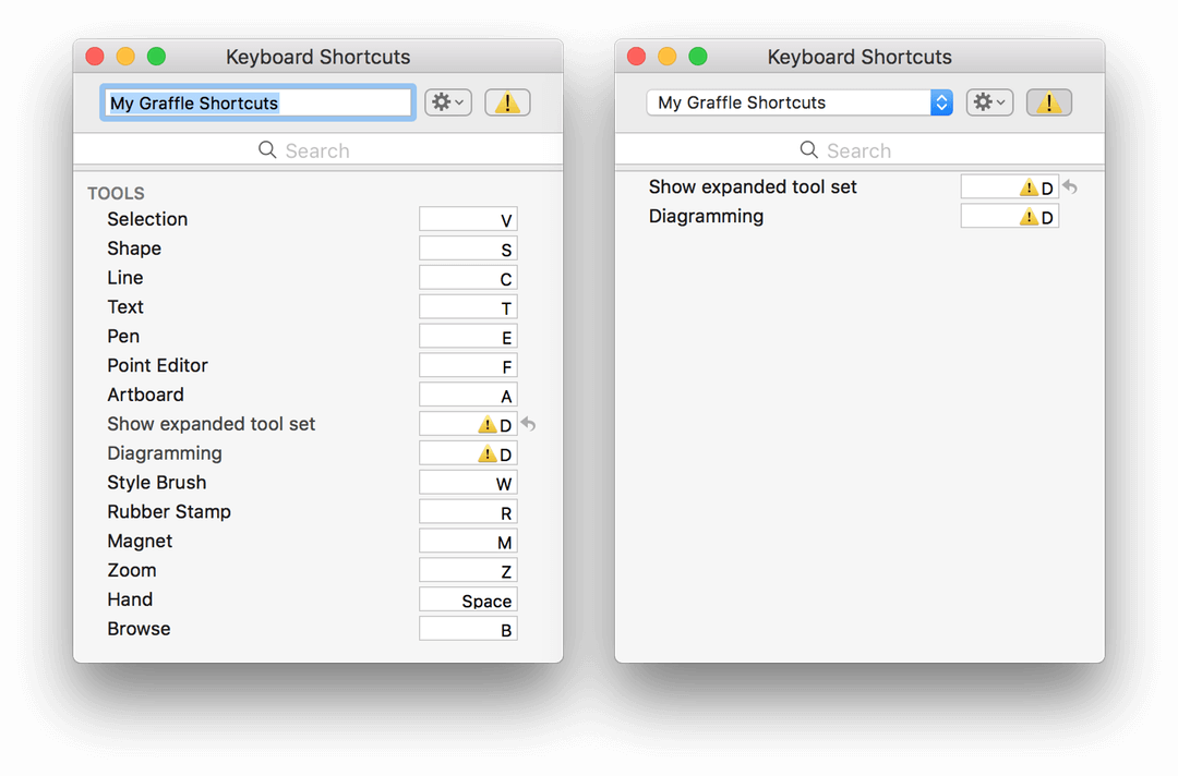 The Tools section of the Keyboard Shortcuts window, with the Divider option highlighted. Both the Divider and Diagramming Tools are set to use the D keyboard shortcut, and both Tools have a warning symbol in the shortcut field.