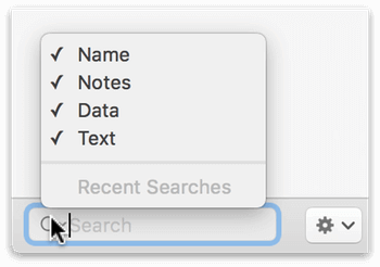 The Sidebar&#8217;s Search field, with the pop-up menu appearing above the field, showing the Name, Notes, Data, and Text options as selected.