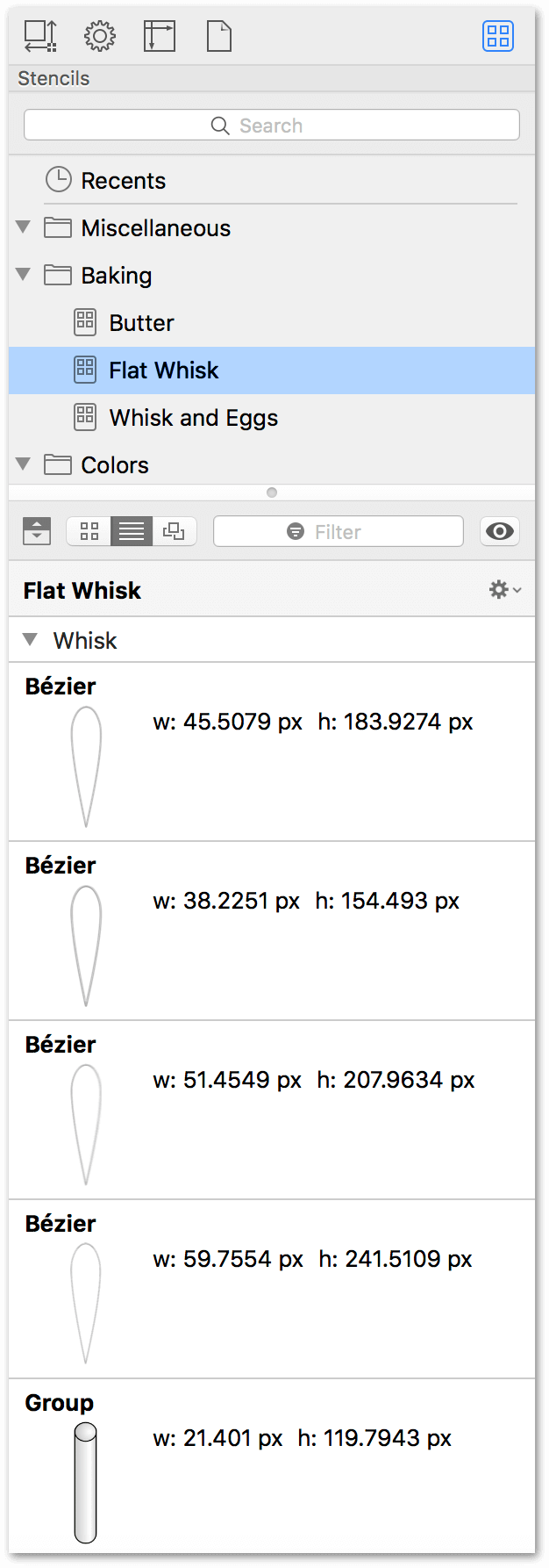 The Stencil Browser, showing four loops of a whisk, along with its handle rather than a single grouped whisk object