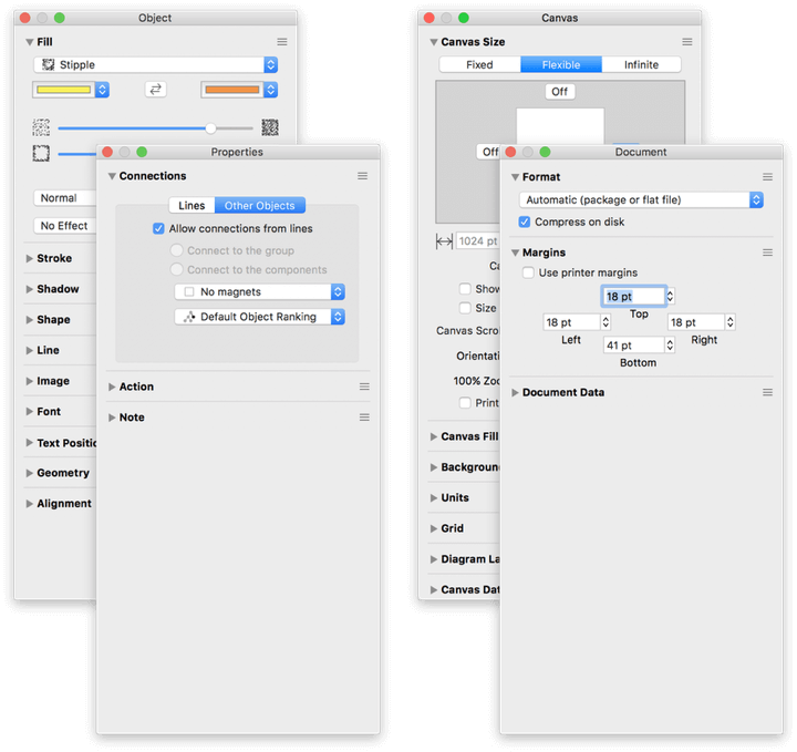 The Object and Properties inspectors when viewed as palettes