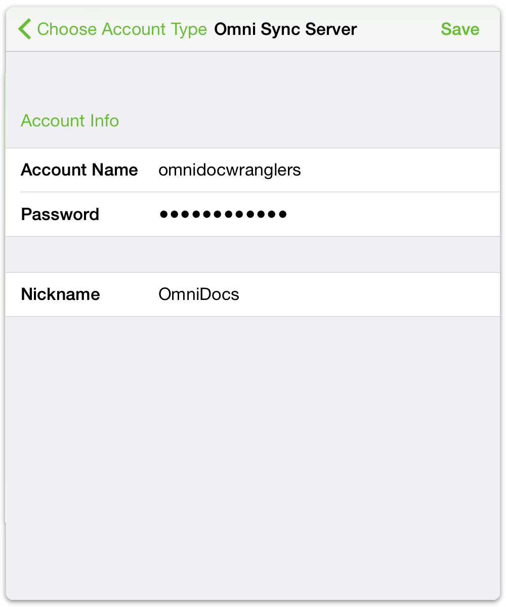 Enter the Account Name, Password, and give the folder a Nickname to display on the Locations screen