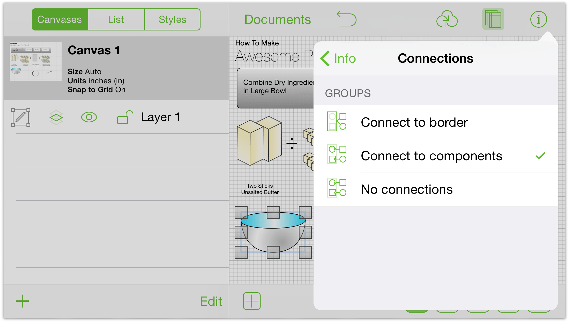 The Connections inspector when a variety of objects are selected